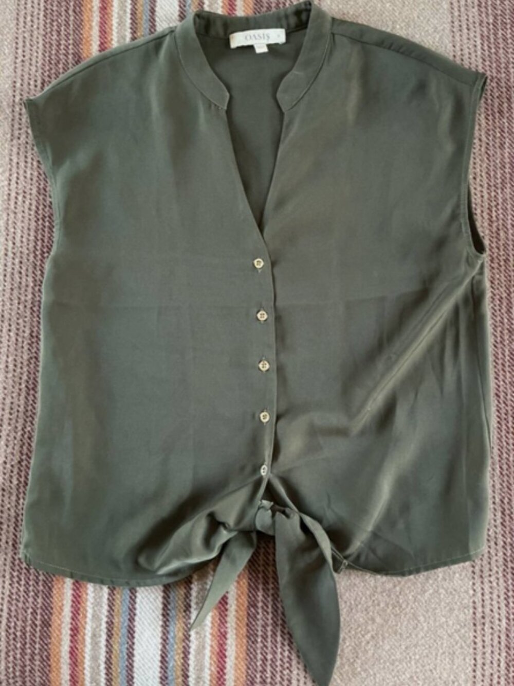 Oasis Mixed Tie Front Blouse Top Size UK 8 - Olive